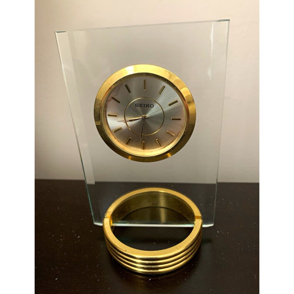 Seiko Analog Desk Clock Clear Glass & Gold Metal Base Rectangular QHG028G